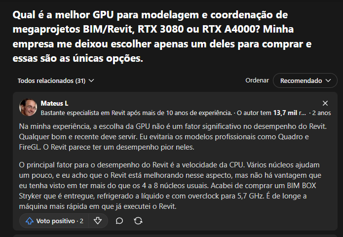 De acordo com usuários do Quora, as GPUS Quadro e FireGL performam até pior no REVIT dependendo do tipo de uso.