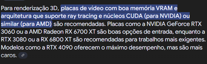 Para a inteligência artificial do Google (Gemini) as placas de vídeo mais fortes são as melhores para render. São elas: Rtx 3070, 3080, 4070, 4080, 4090, e claro, as novas, 5070, 5080 e 5090.
