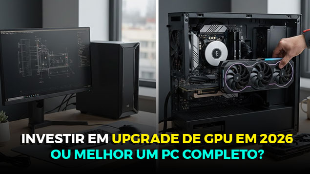 Do lado esquerdo, um computador workstation completo; do outro lado, uma mão segurando uma GPU na frente de um computador workstation.