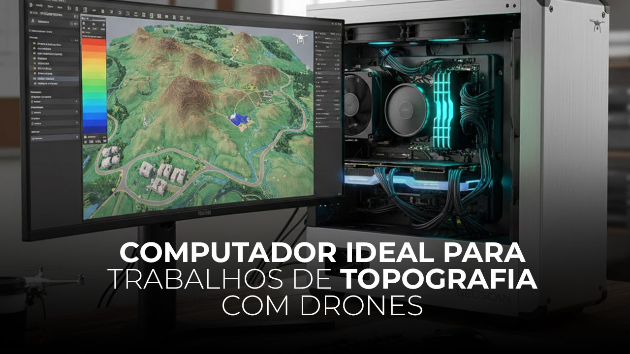 Um computador workstation com um monitor ao lado mostrando um programa de topografia