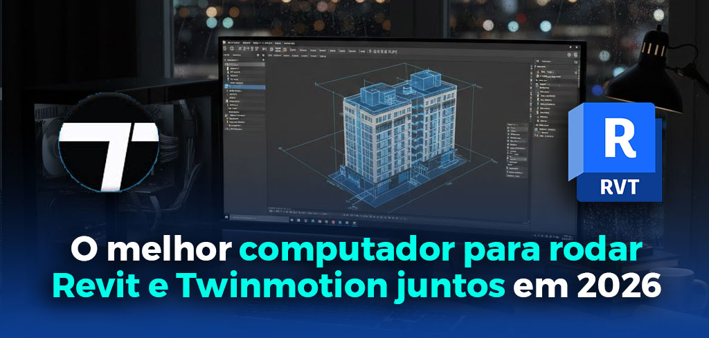 Tela de um computador rodando um programa de construção civil, com a logo dos softwares 